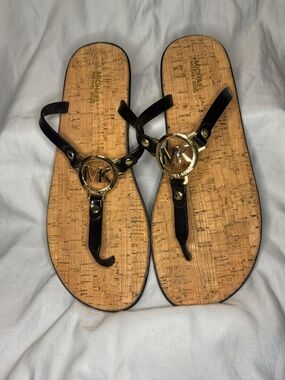 Michael Kors MK Logo Thong Sandals Black Cork Footbed size 10